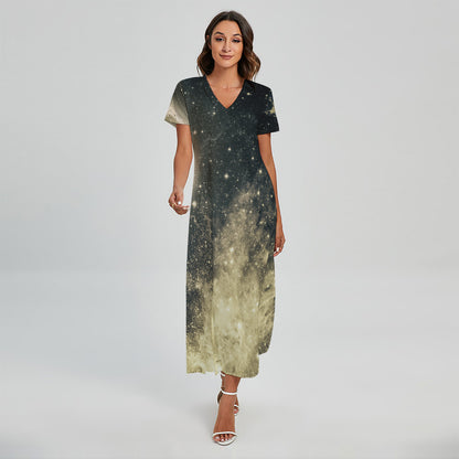 Full Moon And Night Stars Print Short Sleeve Maxi Dress