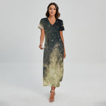 Full Moon And Night Stars Print Short Sleeve Maxi Dress