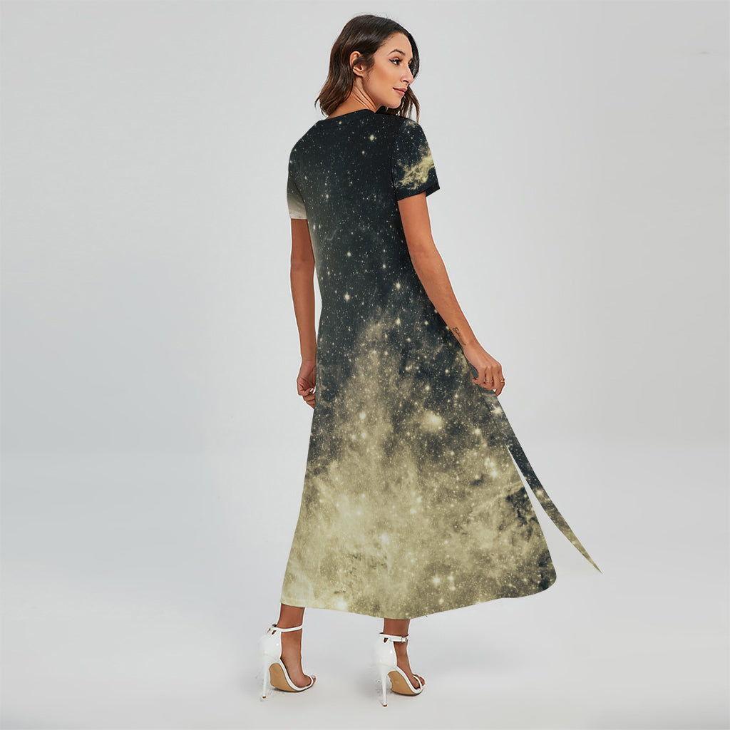 Full Moon And Night Stars Print Short Sleeve Maxi Dress