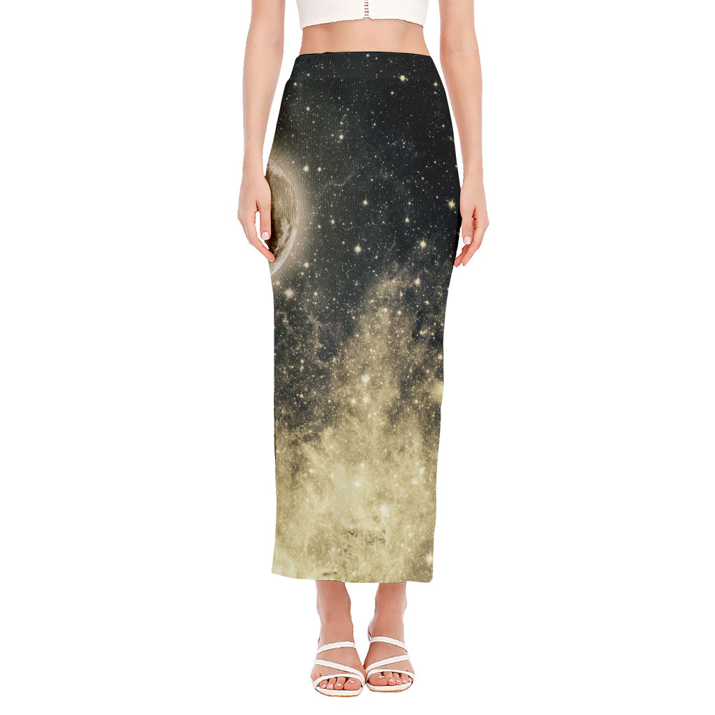 Full Moon And Night Stars Print Side Slit Maxi Skirt