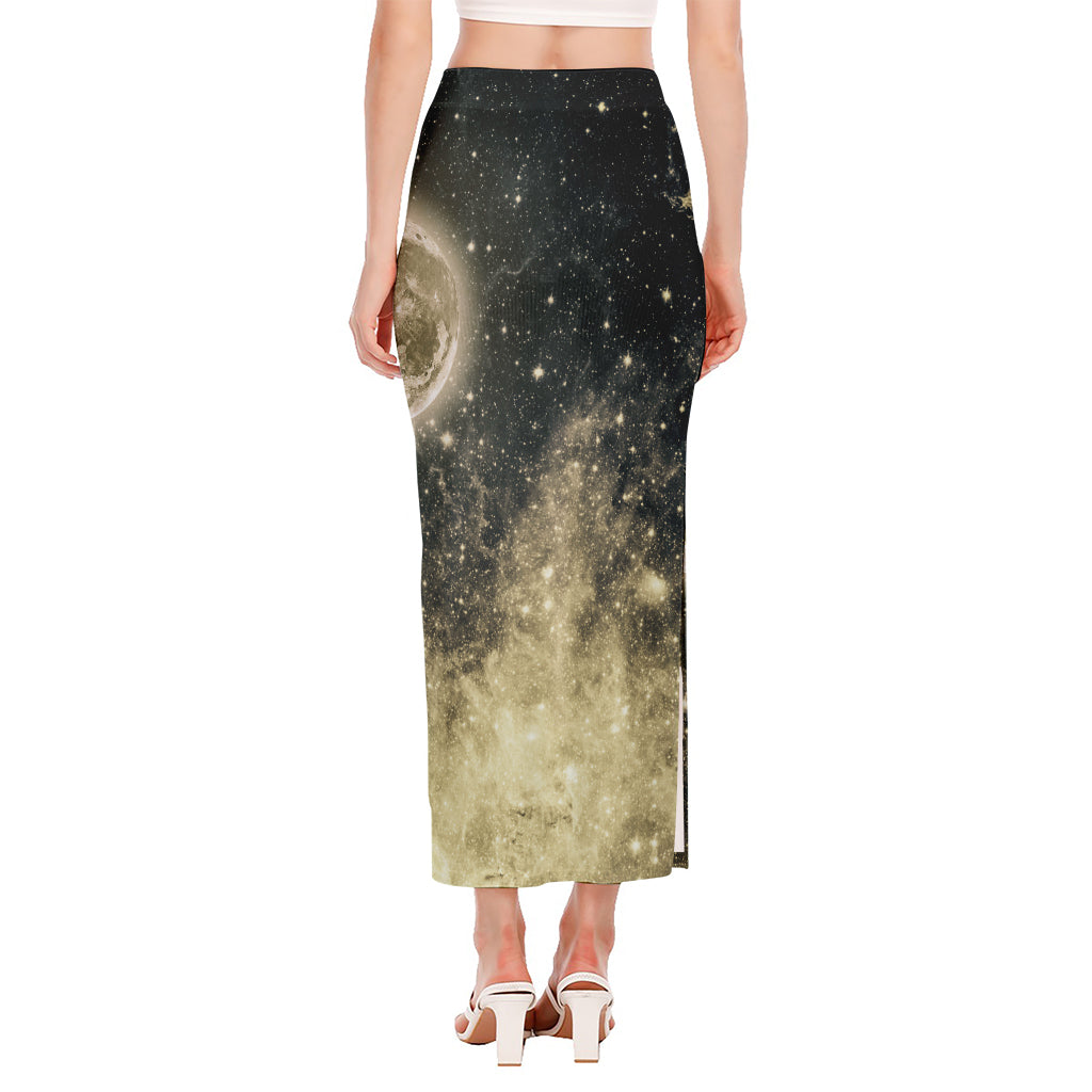 Full Moon And Night Stars Print Side Slit Maxi Skirt