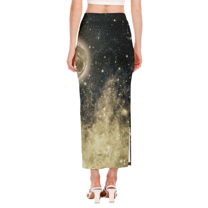 Full Moon And Night Stars Print Side Slit Maxi Skirt