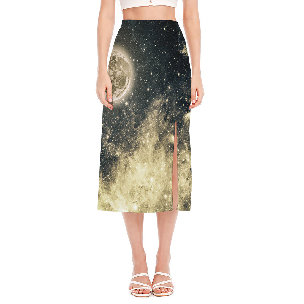 Full Moon And Night Stars Print Side Slit Midi Skirt