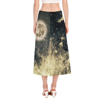 Full Moon And Night Stars Print Side Slit Midi Skirt
