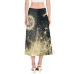 Full Moon And Night Stars Print Side Slit Midi Skirt
