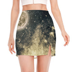Full Moon And Night Stars Print Side Slit Mini Skirt