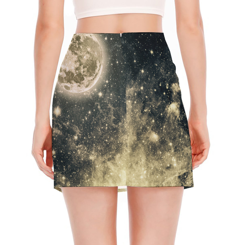 Full Moon And Night Stars Print Side Slit Mini Skirt