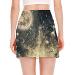 Full Moon And Night Stars Print Side Slit Mini Skirt