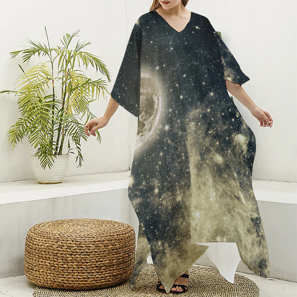 Full Moon And Night Stars Print Silk V-Neck Kaftan Dress