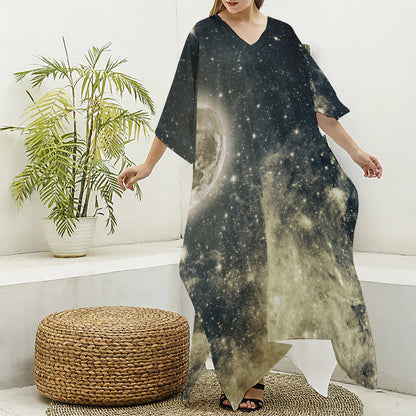 Full Moon And Night Stars Print Silk V-Neck Kaftan Dress