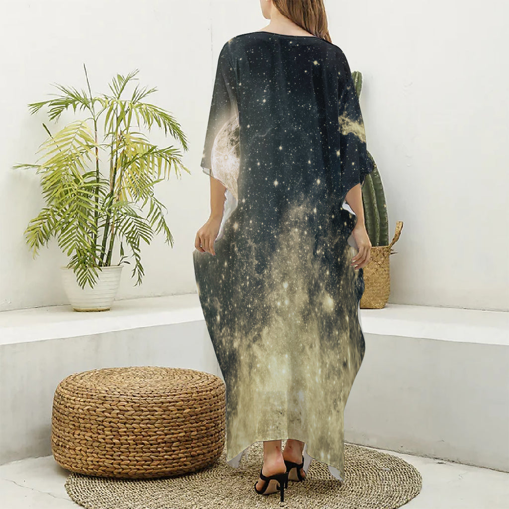 Full Moon And Night Stars Print Silk V-Neck Kaftan Dress