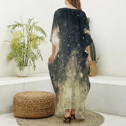 Full Moon And Night Stars Print Silk V-Neck Kaftan Dress