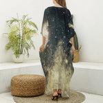 Full Moon And Night Stars Print Silk V-Neck Kaftan Dress