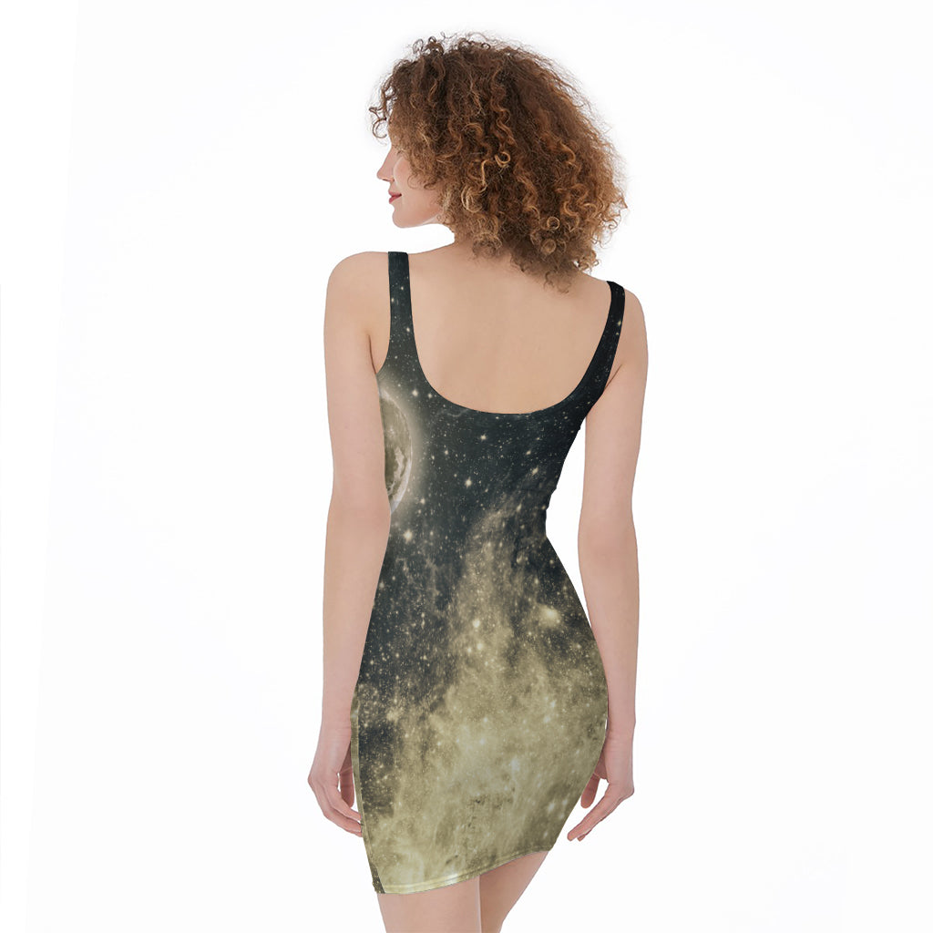 Full Moon And Night Stars Print Sleeveless Bodycon Dress