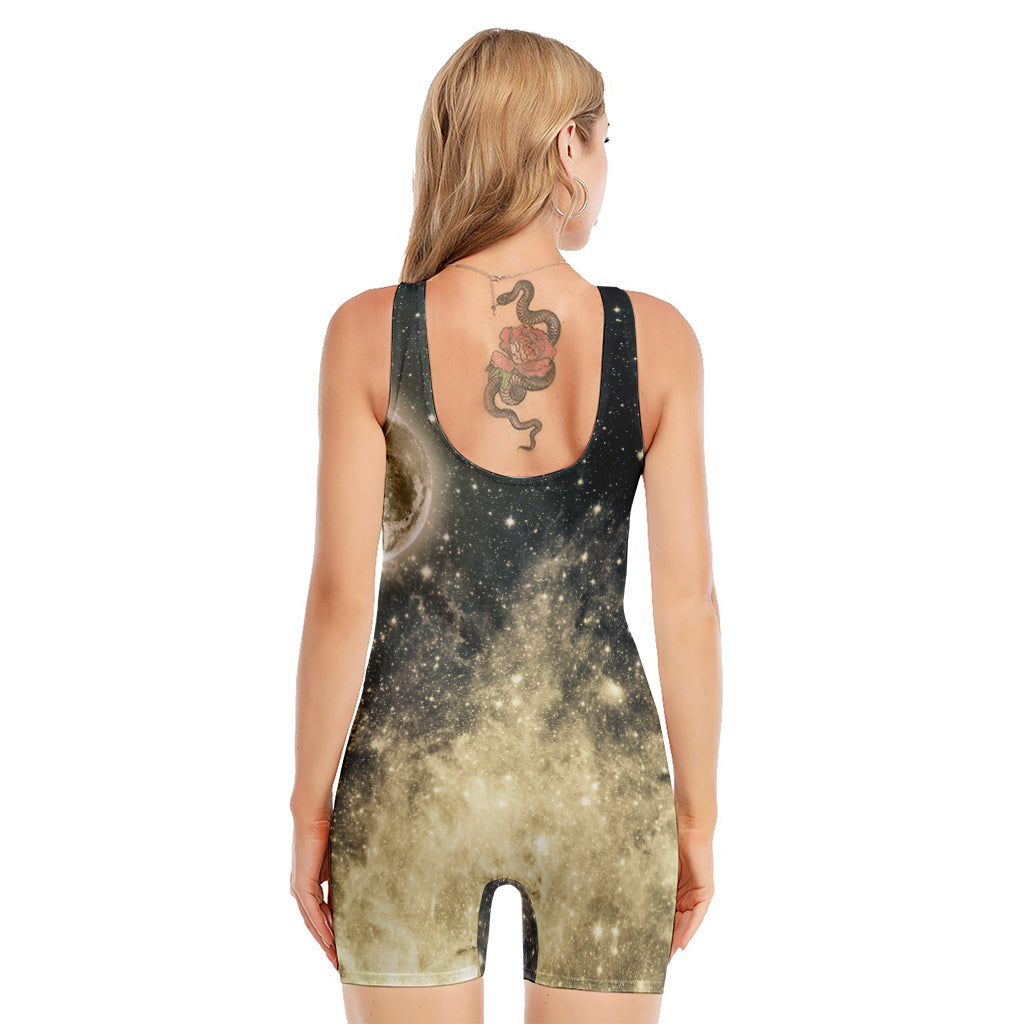 Full Moon And Night Stars Print Sleeveless One Piece Swimsuit