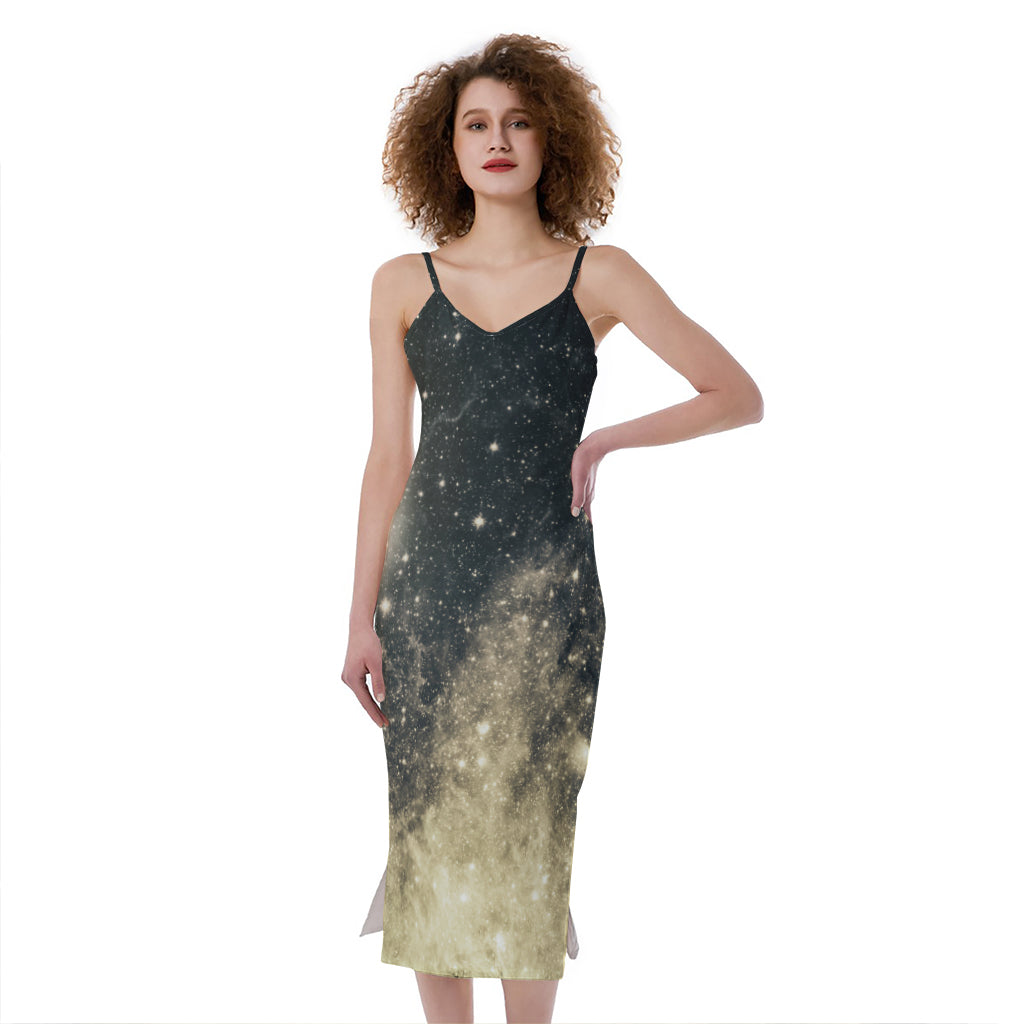Full Moon And Night Stars Print Slim Fit Midi Cami Dress