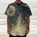 Full Moon And Night Stars Print Textured Short Sleeve Shirt