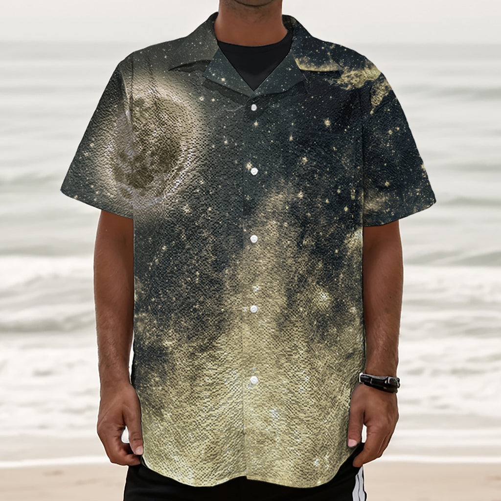 Full Moon And Night Stars Print Textured Short Sleeve Shirt