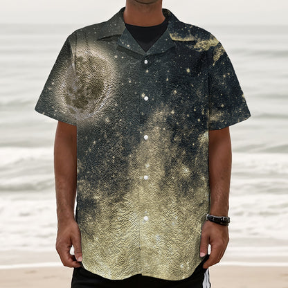 Full Moon And Night Stars Print Textured Short Sleeve Shirt