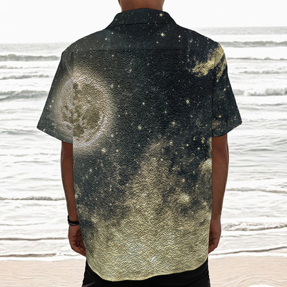 Full Moon And Night Stars Print Textured Short Sleeve Shirt