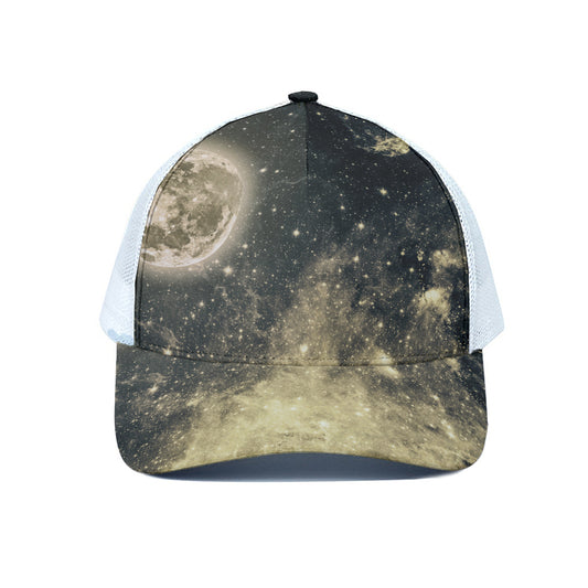 Full Moon And Night Stars Print White Mesh Trucker Cap