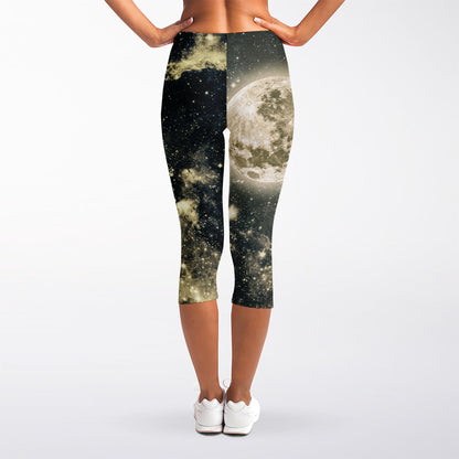 Full Moon And Night Stars Print Women's Capri Leggings