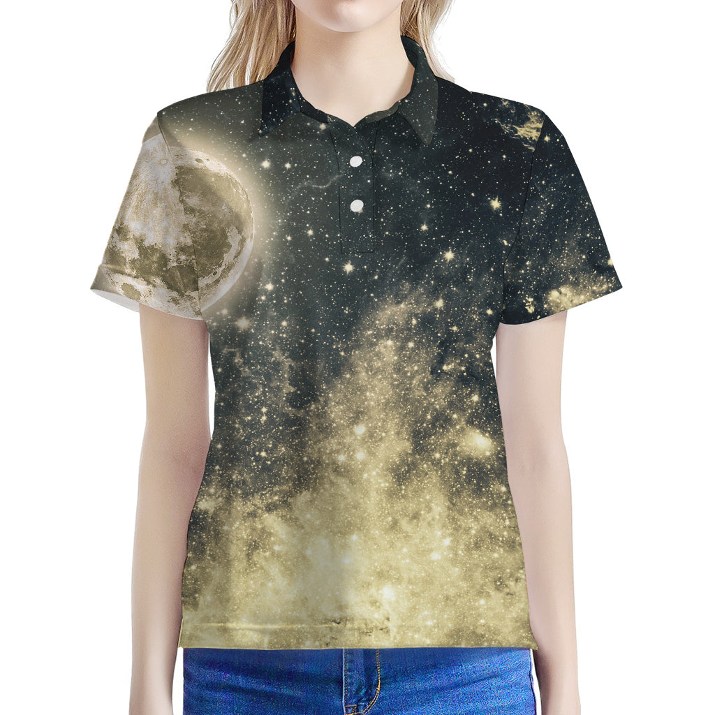 Full Moon And Night Stars Print Women's Polo Shirt