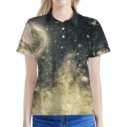 Full Moon And Night Stars Print Women's Polo Shirt