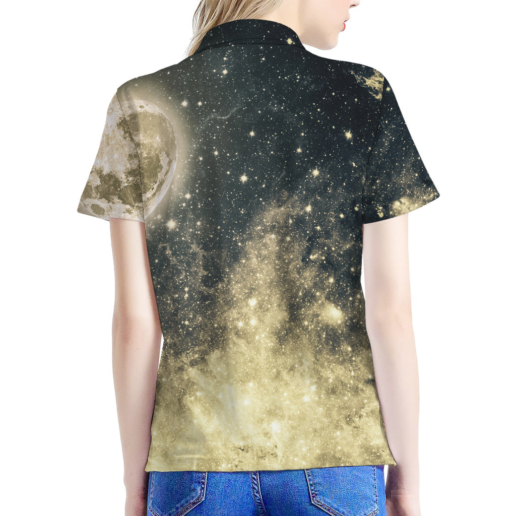 Full Moon And Night Stars Print Women's Polo Shirt