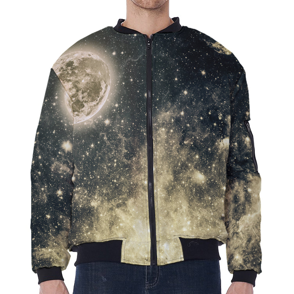 Full Moon And Night Stars Print Zip Sleeve Bomber Jacket