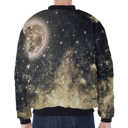 Full Moon And Night Stars Print Zip Sleeve Bomber Jacket