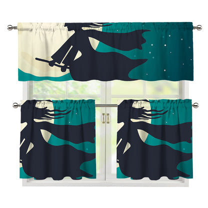 Full Moon Halloween Flying Witch Print 3 Piece Kitchen Curtains