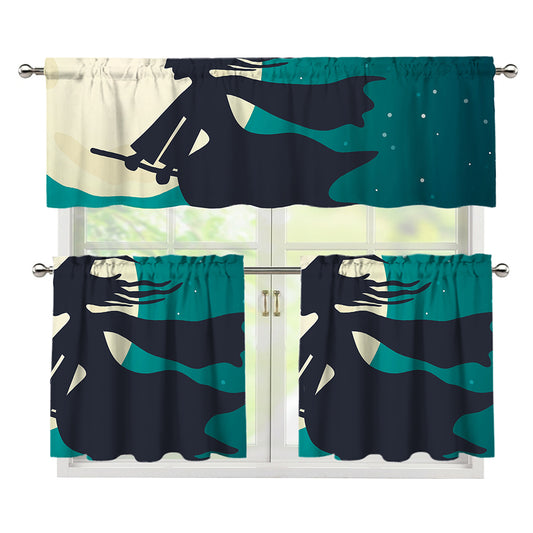 Full Moon Halloween Flying Witch Print 3 Piece Kitchen Curtains