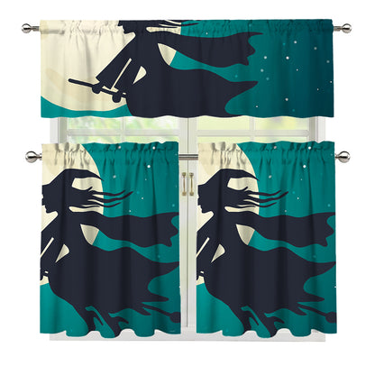 Full Moon Halloween Flying Witch Print 3 Piece Kitchen Curtains