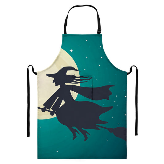 Full Moon Halloween Flying Witch Print Bib Apron With Pocket