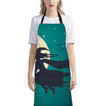 Full Moon Halloween Flying Witch Print Bib Apron With Pocket