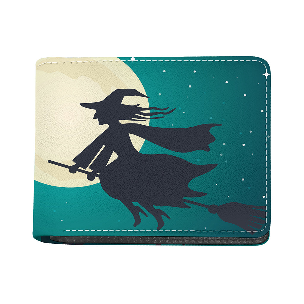 Full Moon Halloween Flying Witch Print Bifold Wallet