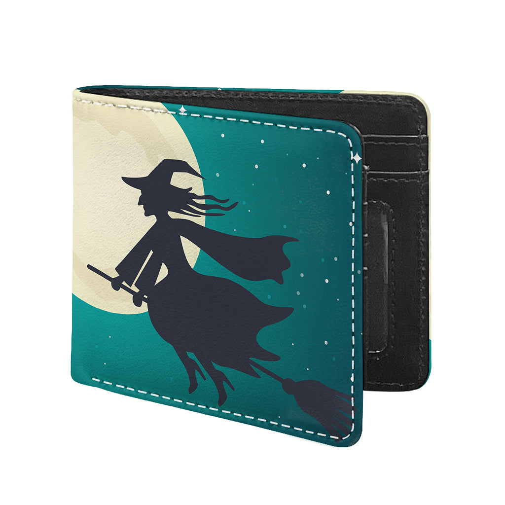 Full Moon Halloween Flying Witch Print Bifold Wallet