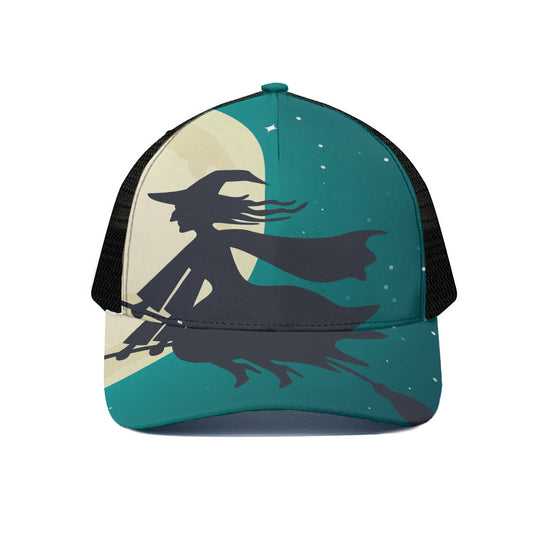 Full Moon Halloween Flying Witch Print Black Mesh Trucker Cap