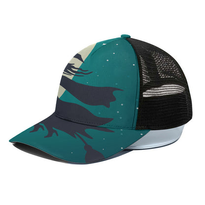 Full Moon Halloween Flying Witch Print Black Mesh Trucker Cap