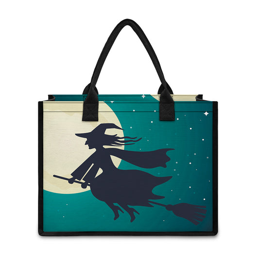 Full Moon Halloween Flying Witch Print Canvas Tote Bag