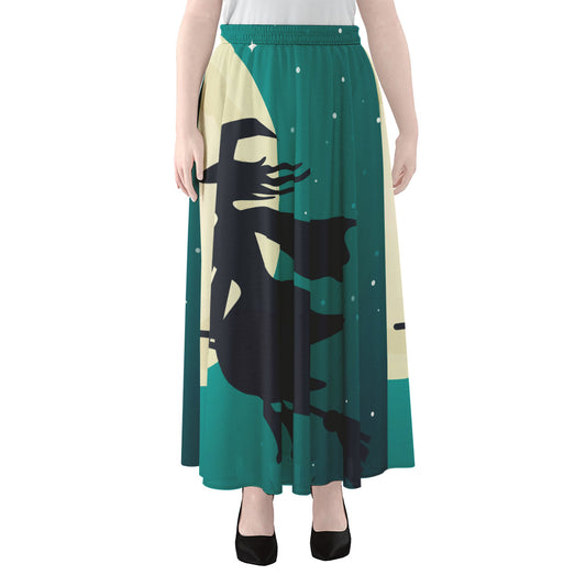 Full Moon Halloween Flying Witch Print Chiffon Maxi Skirt