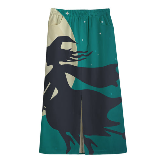 Full Moon Halloween Flying Witch Print Cotton Front Slit Maxi Skirt
