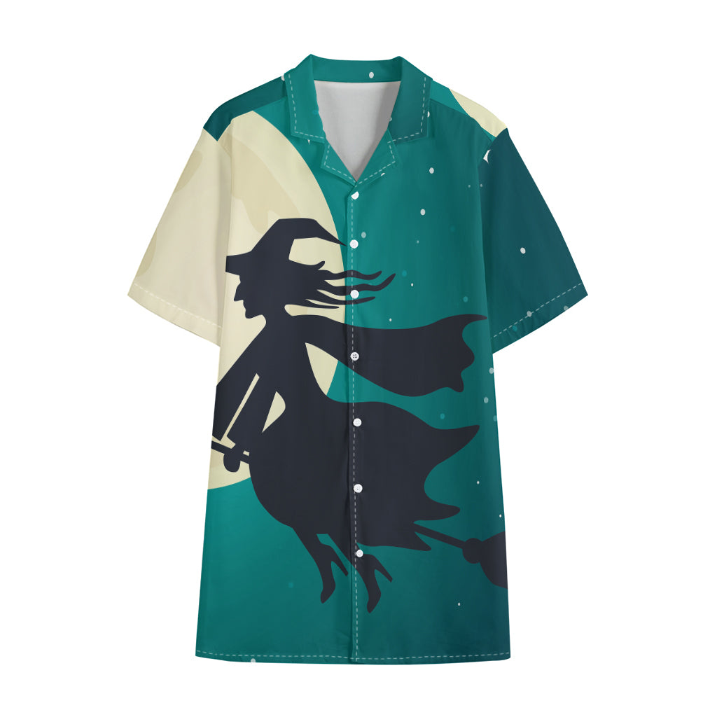 Full Moon Halloween Flying Witch Print Cotton Hawaiian Shirt