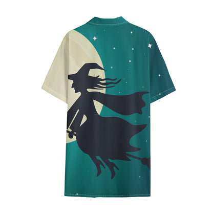 Full Moon Halloween Flying Witch Print Cotton Hawaiian Shirt