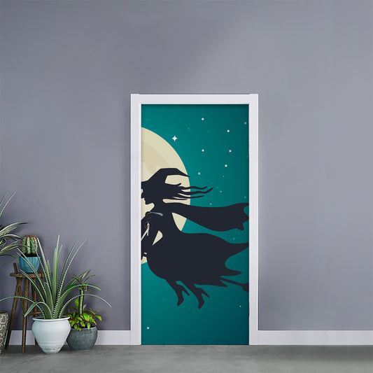 Full Moon Halloween Flying Witch Print Door Sticker