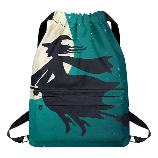 Full Moon Halloween Flying Witch Print Drawstring Backpack