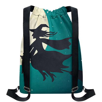 Full Moon Halloween Flying Witch Print Drawstring Backpack