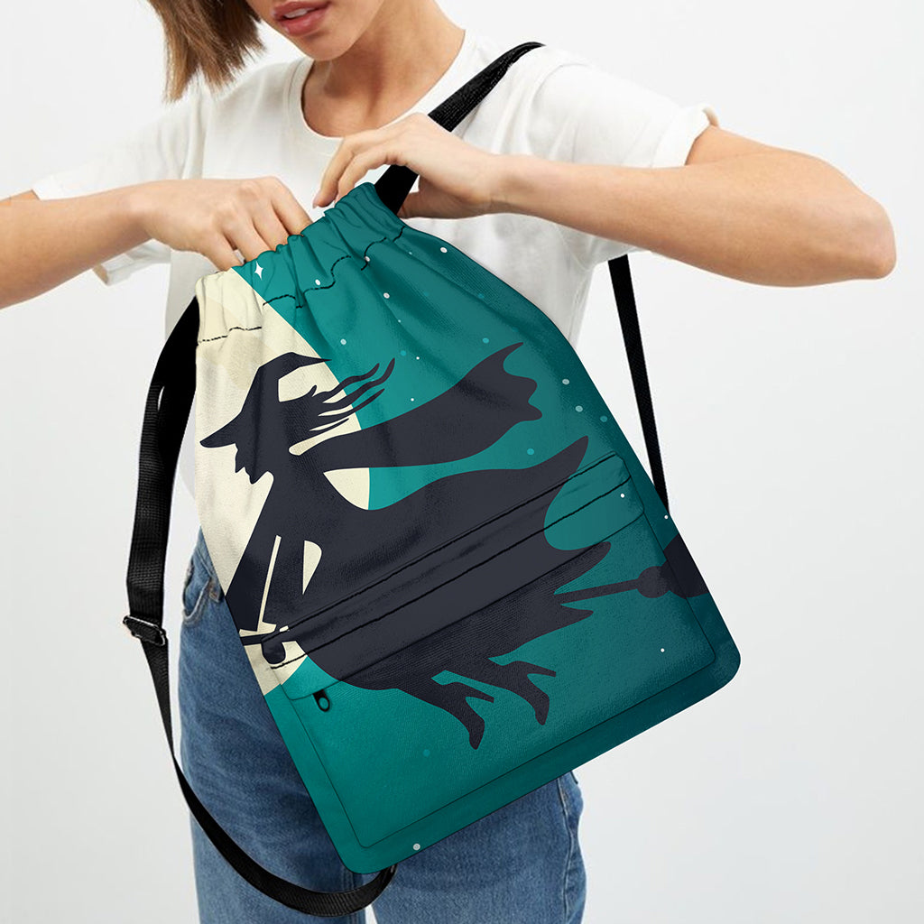 Full Moon Halloween Flying Witch Print Drawstring Backpack