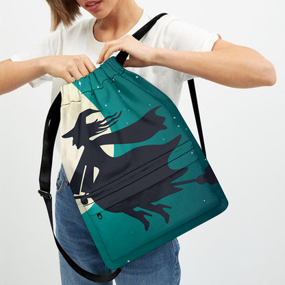 Full Moon Halloween Flying Witch Print Drawstring Backpack